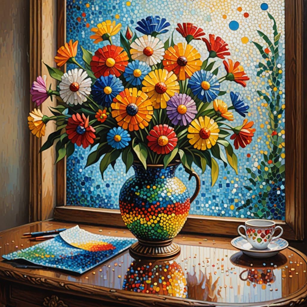 Pointillist Flower Vase Painting