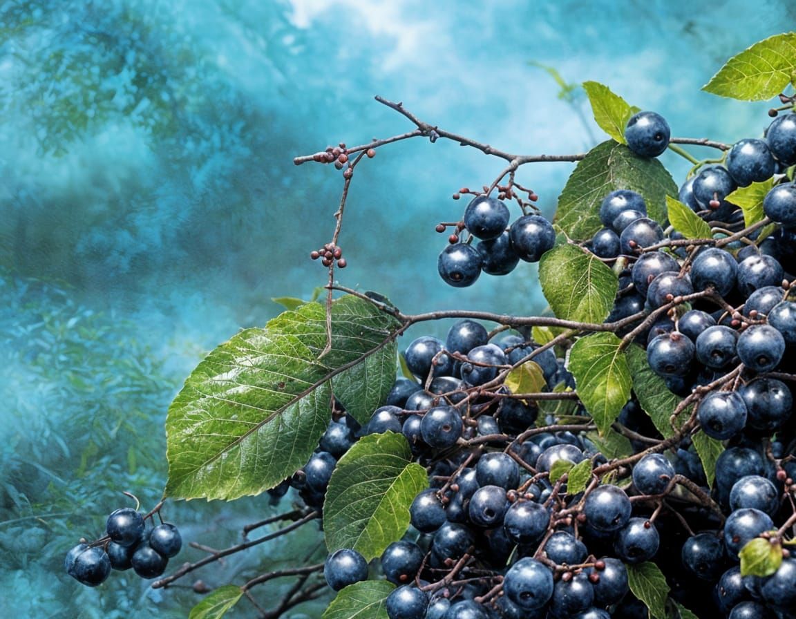 Blue Berries Close-Up in Grimdark Fantasy Style