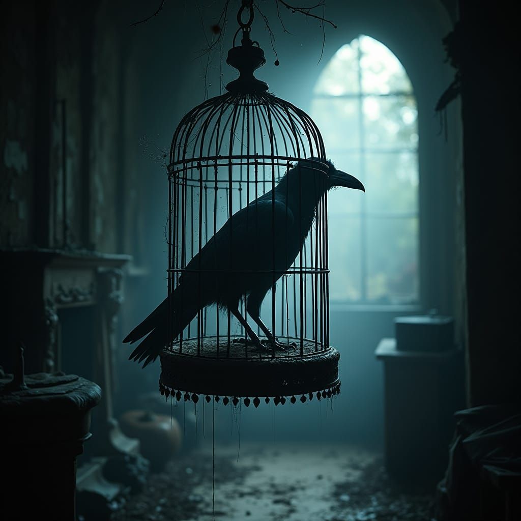 Spectral Raven in Antique Cage in Dusty Attic