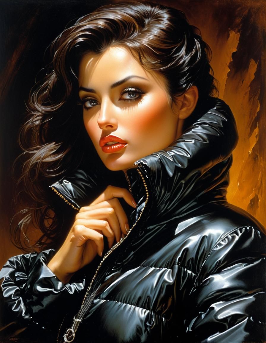 Beautiful Woman in Shiny Jacket, Oil-Realism Painting