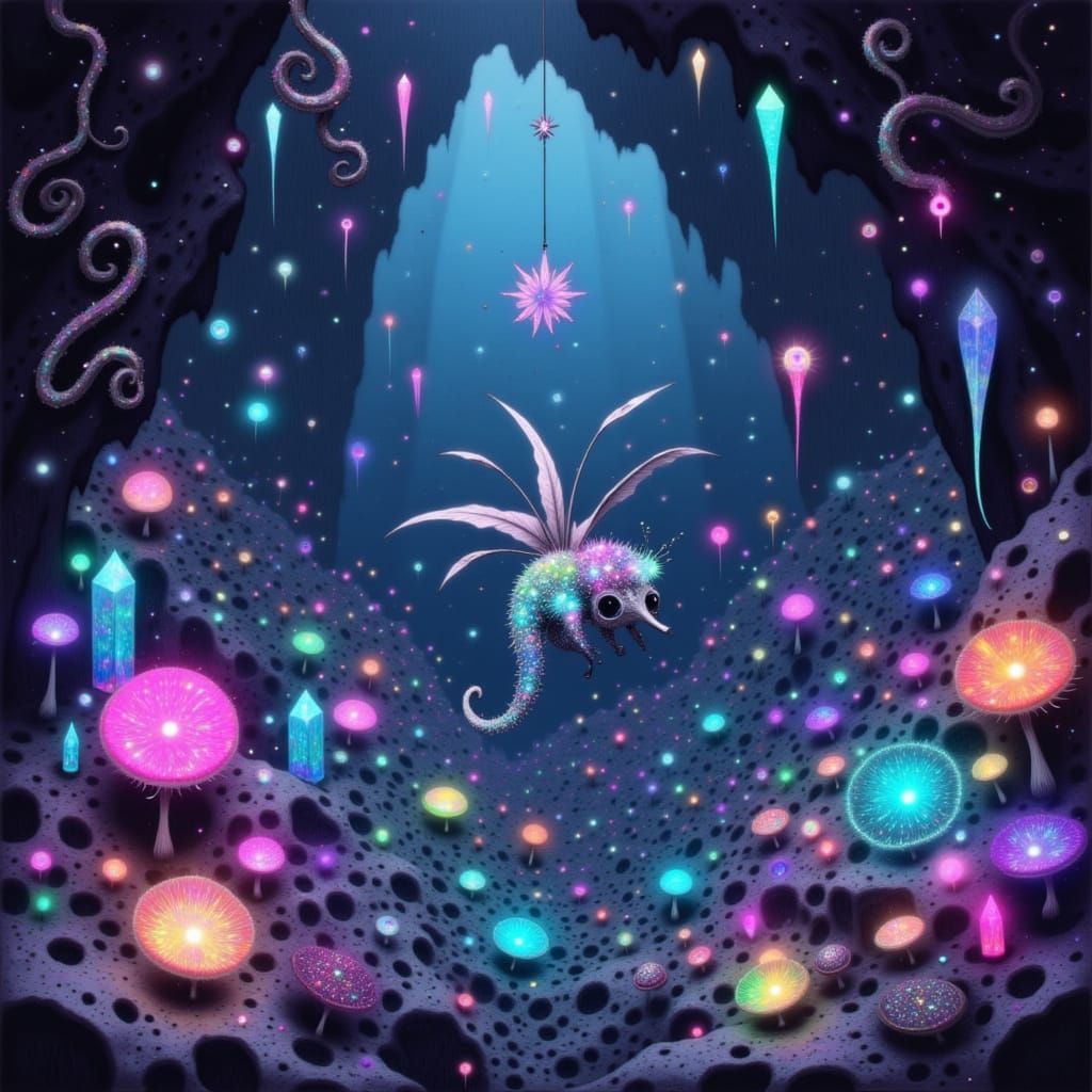 Flying Seahorse in Crystal Cave, Whimsical Art