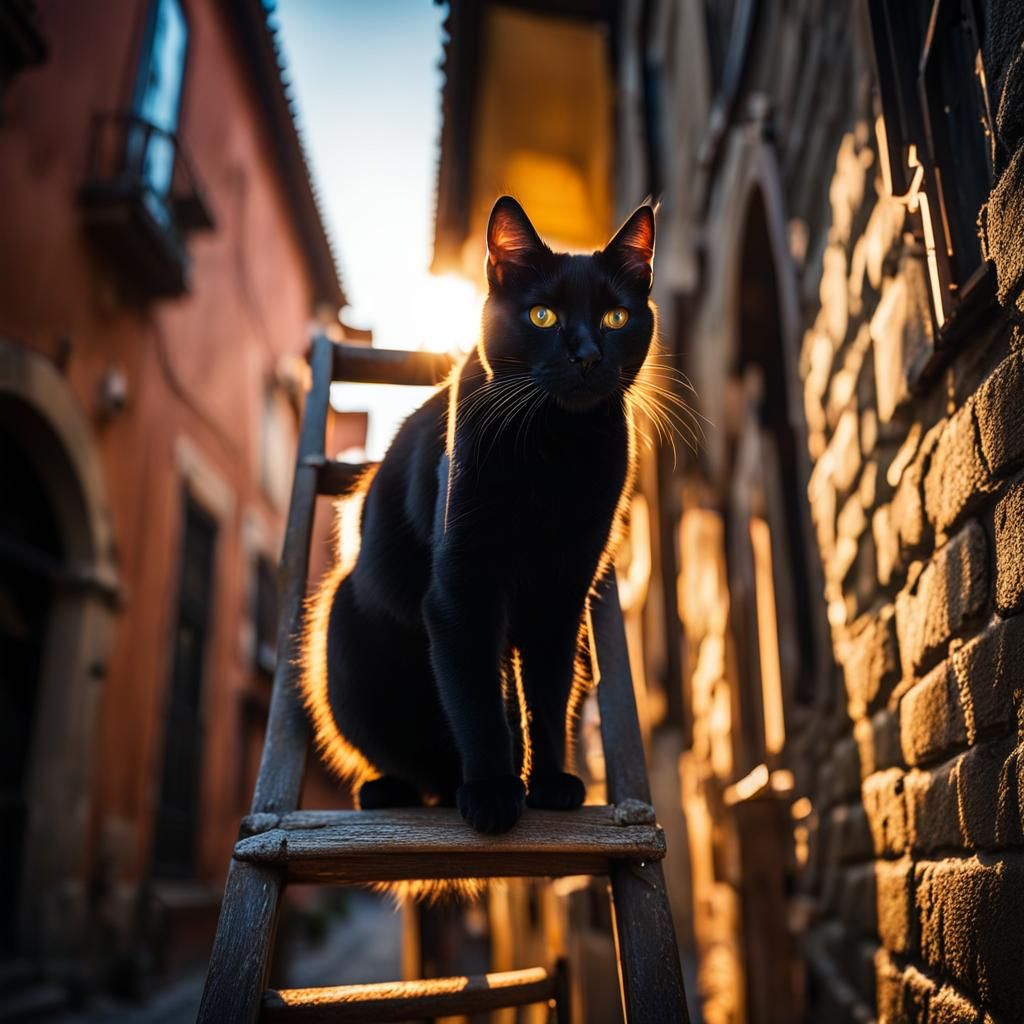 Black Cat Climbing Ladder in Medieval Street