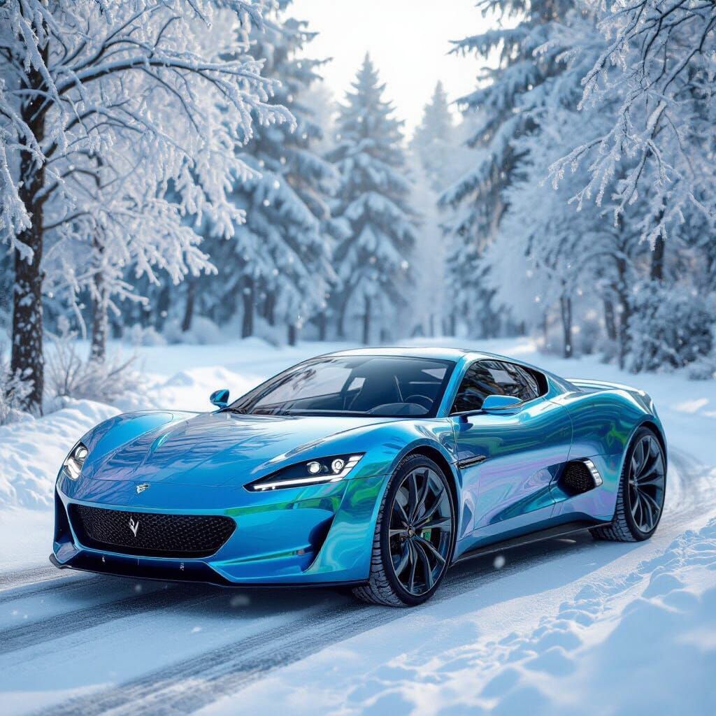 Iridescent Glass Car on Snowy Road