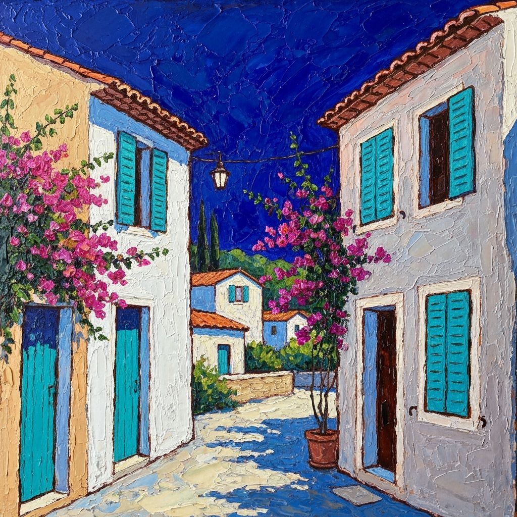 Whitewashed Houses with Bougainvillea, Impasto Gouache Paint...