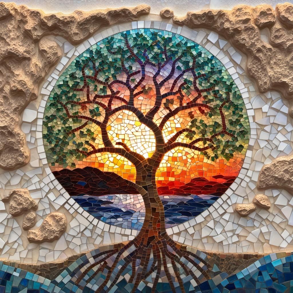 Glass Mosaic Tree of Life at Sunrise