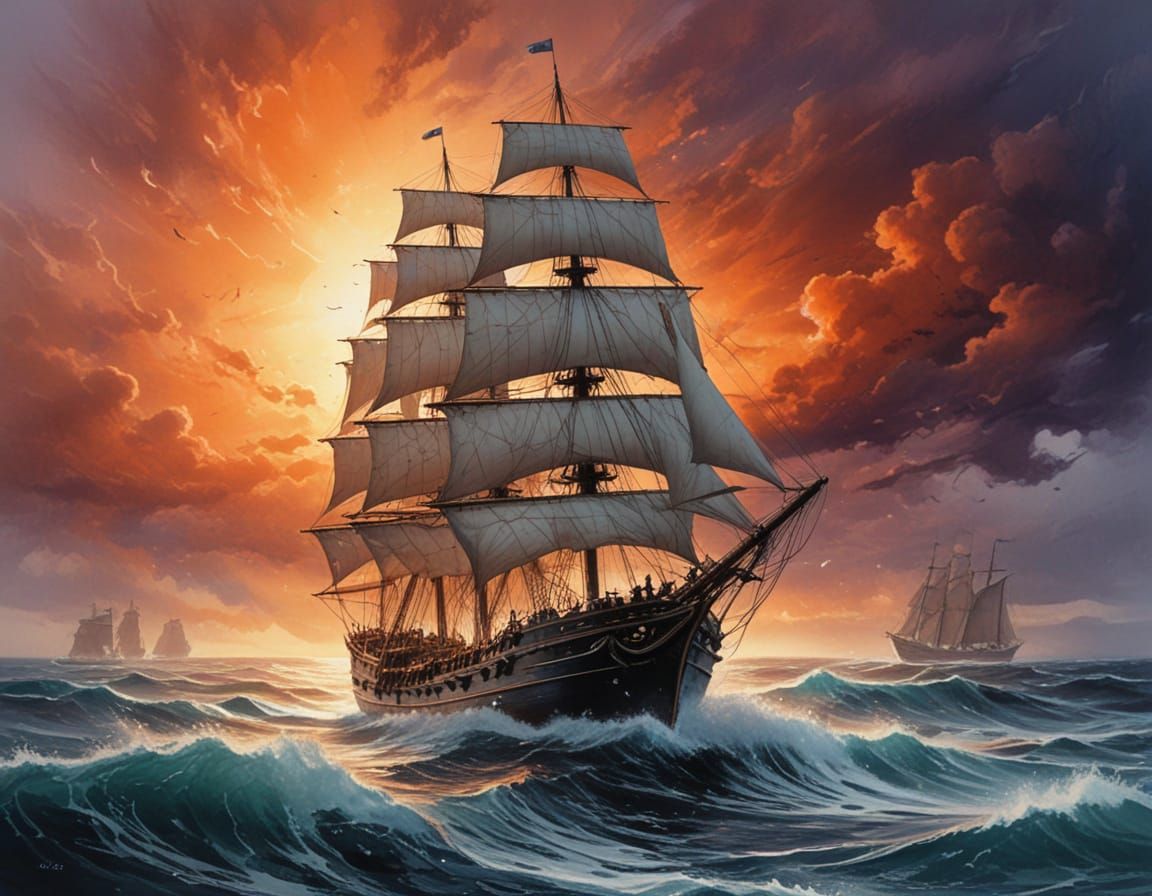 Epic Sailing Ship Battles Stormy Seas at Fiery Sunset