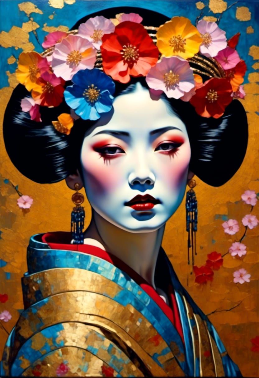 Geisha with Cherry Blossoms in Neo-Impressionist Style