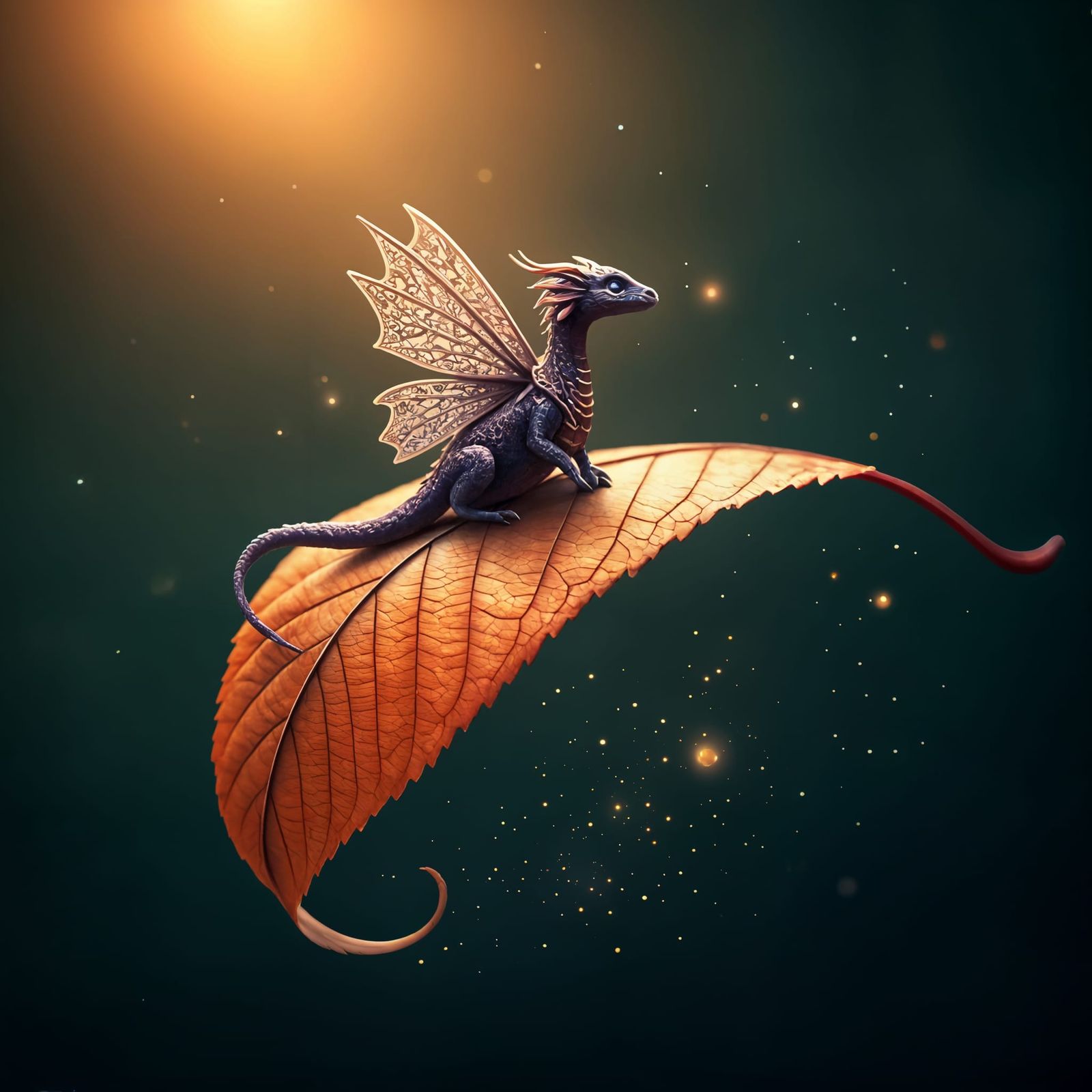 Whimsical Dragon Soars on Autumn Leaf