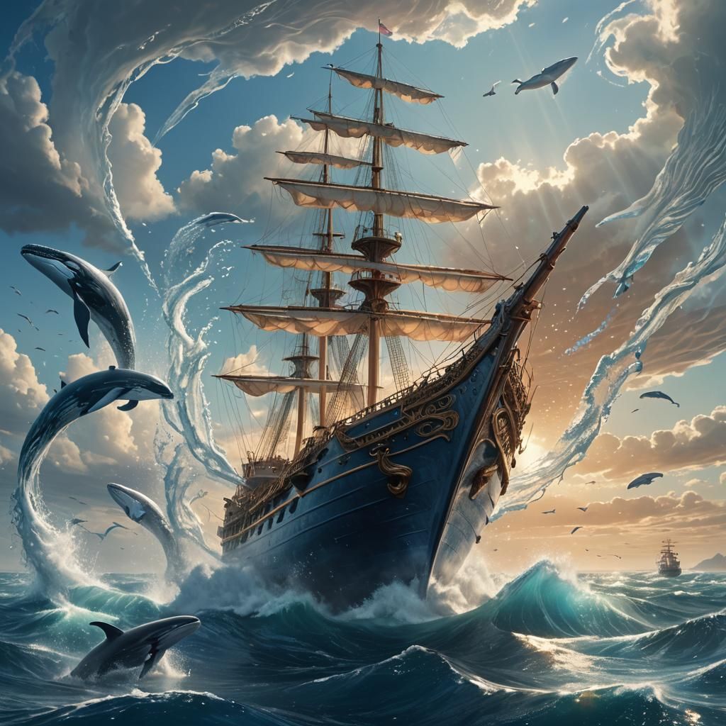 Majestic Ship Pulled by Blue Whales in Art Nouveau Style
