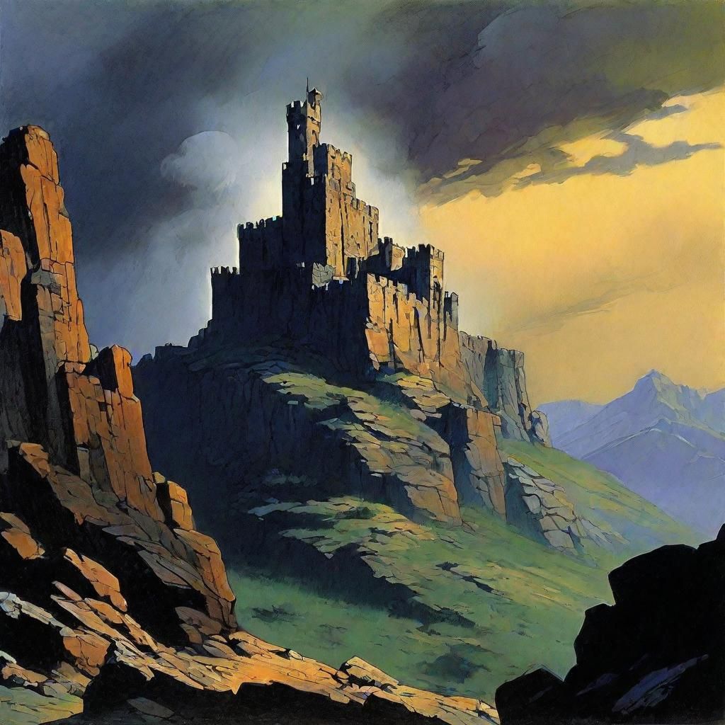 Stone Castle on Mountain in Cel-Shaded Style