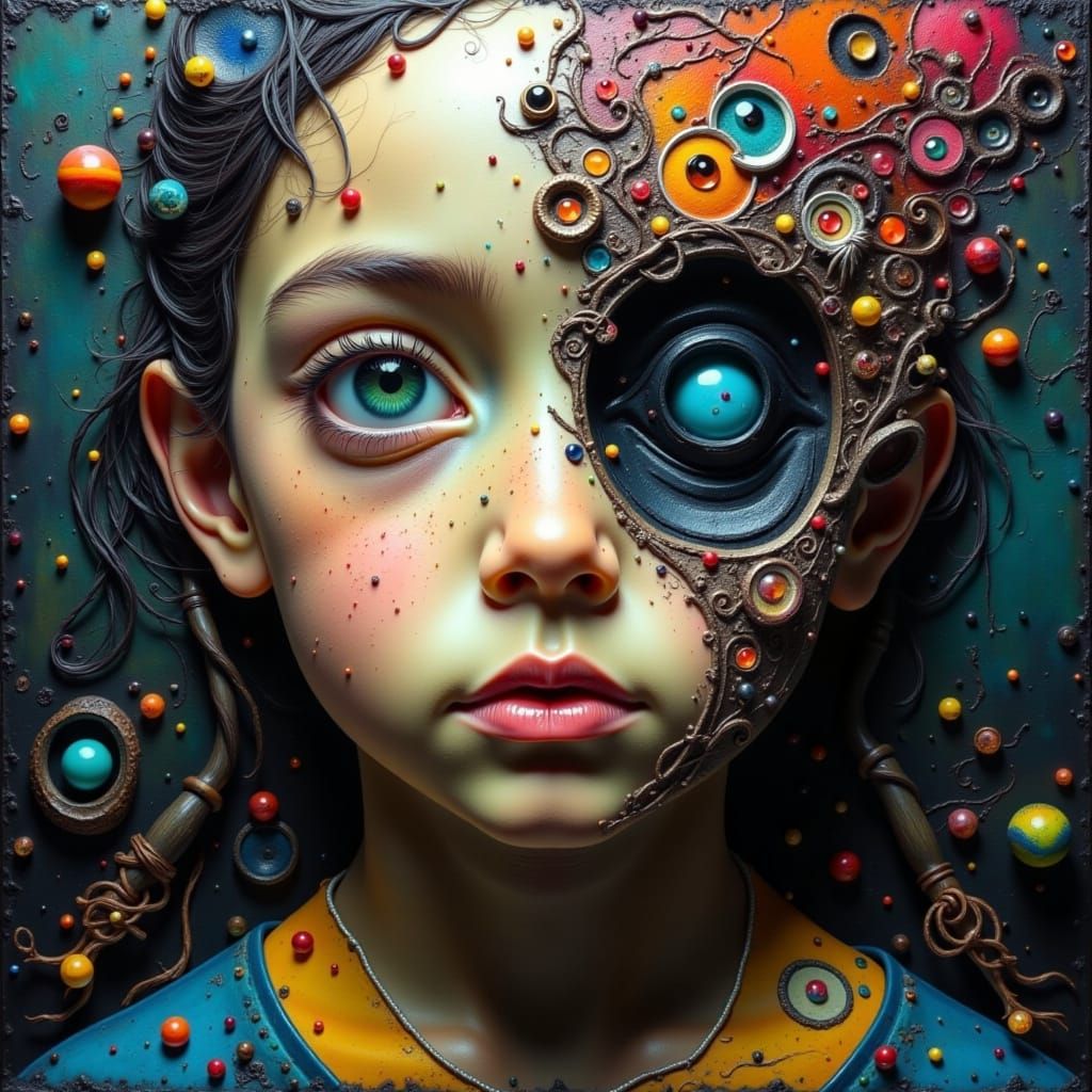 Surreal Oil Painting: Child and Ancient Face