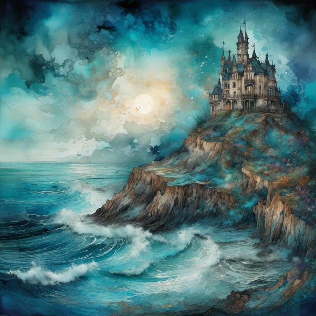 Haunted Beach with Blue Castle and Wispy Ghosts