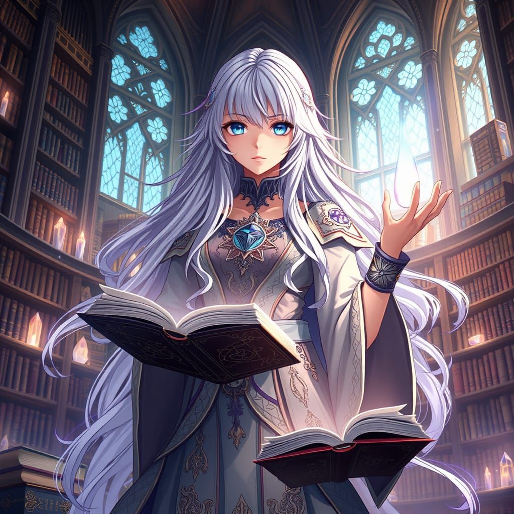 Ethereal Sorceress Unveils Ancient Tomes in Celestial Librar...
