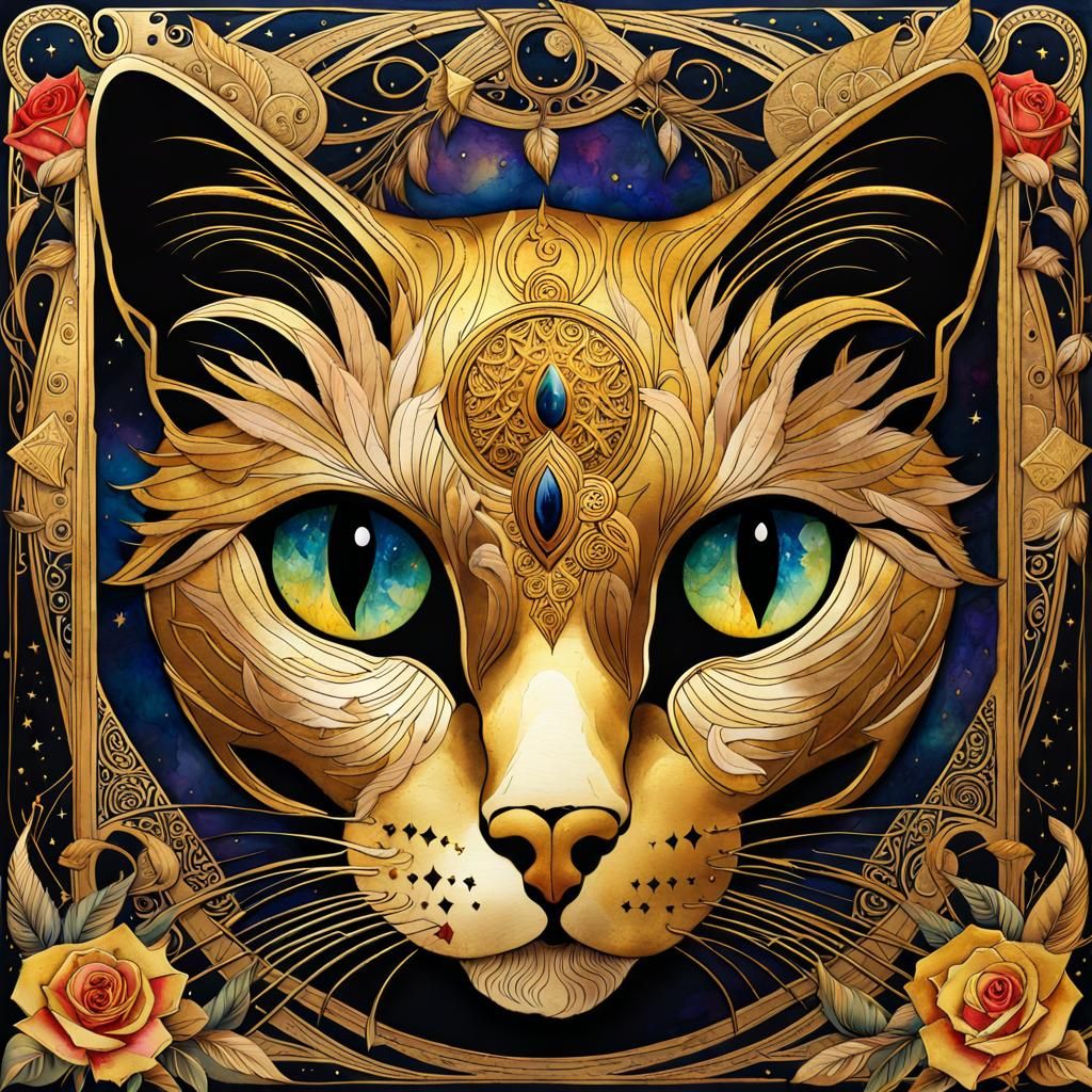 Gilded Cat with Roses in Art Nouveau Watercolor