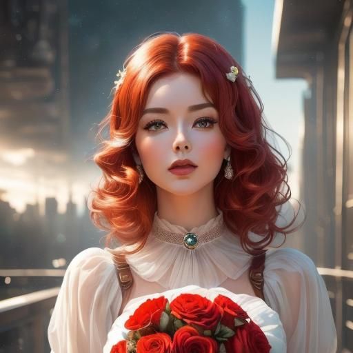 Red-Haired Woman with Flowers in Sci-Fi Comic Style