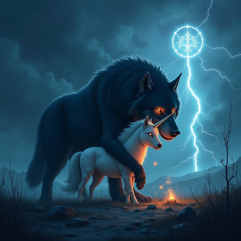 Fearsome Wolf Cradles Unicorn on Stormy Battlefield