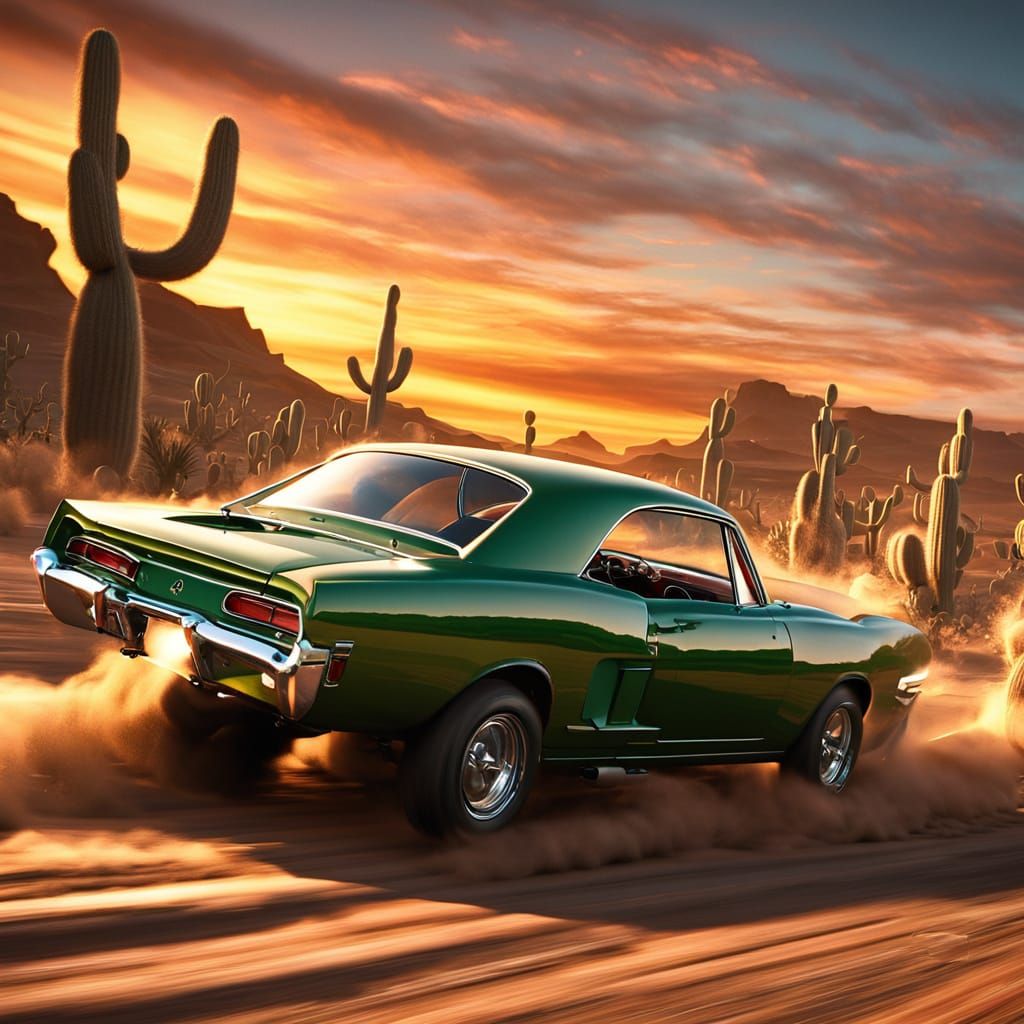 Classic Muscle Cars Race Through Desert At Sunset