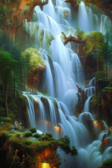 Fantasy Forest Over Waterfalls in Hyper-Detailed Oil Paintin...