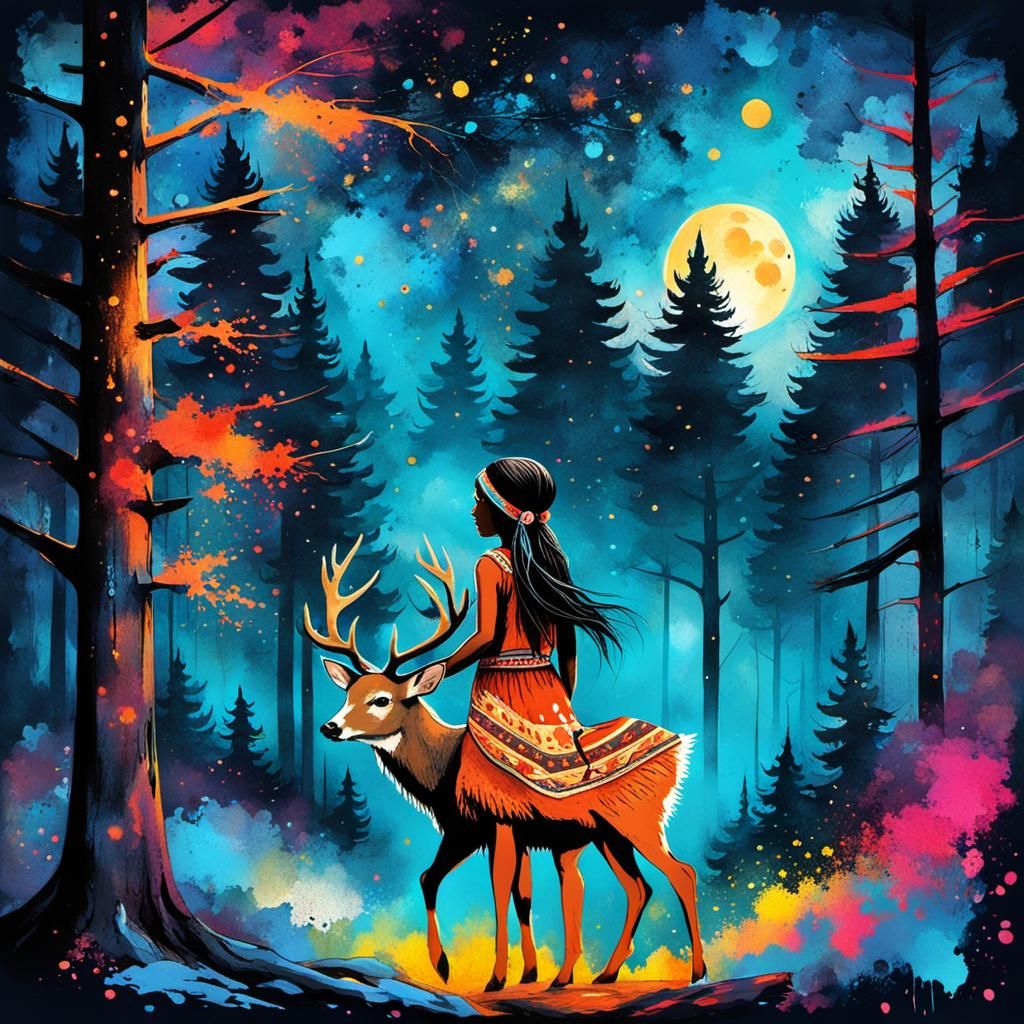 Native American Girl and Deer in Ink Splatter Style