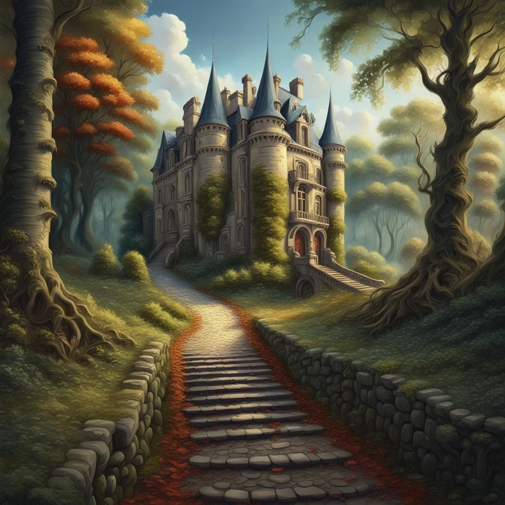 Forest Path to Chateau: Detailed Oil Painting