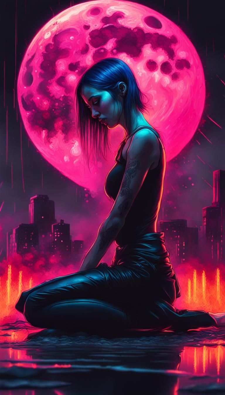 Cyberpunk Goth Woman's Sorrow as Moon Explodes