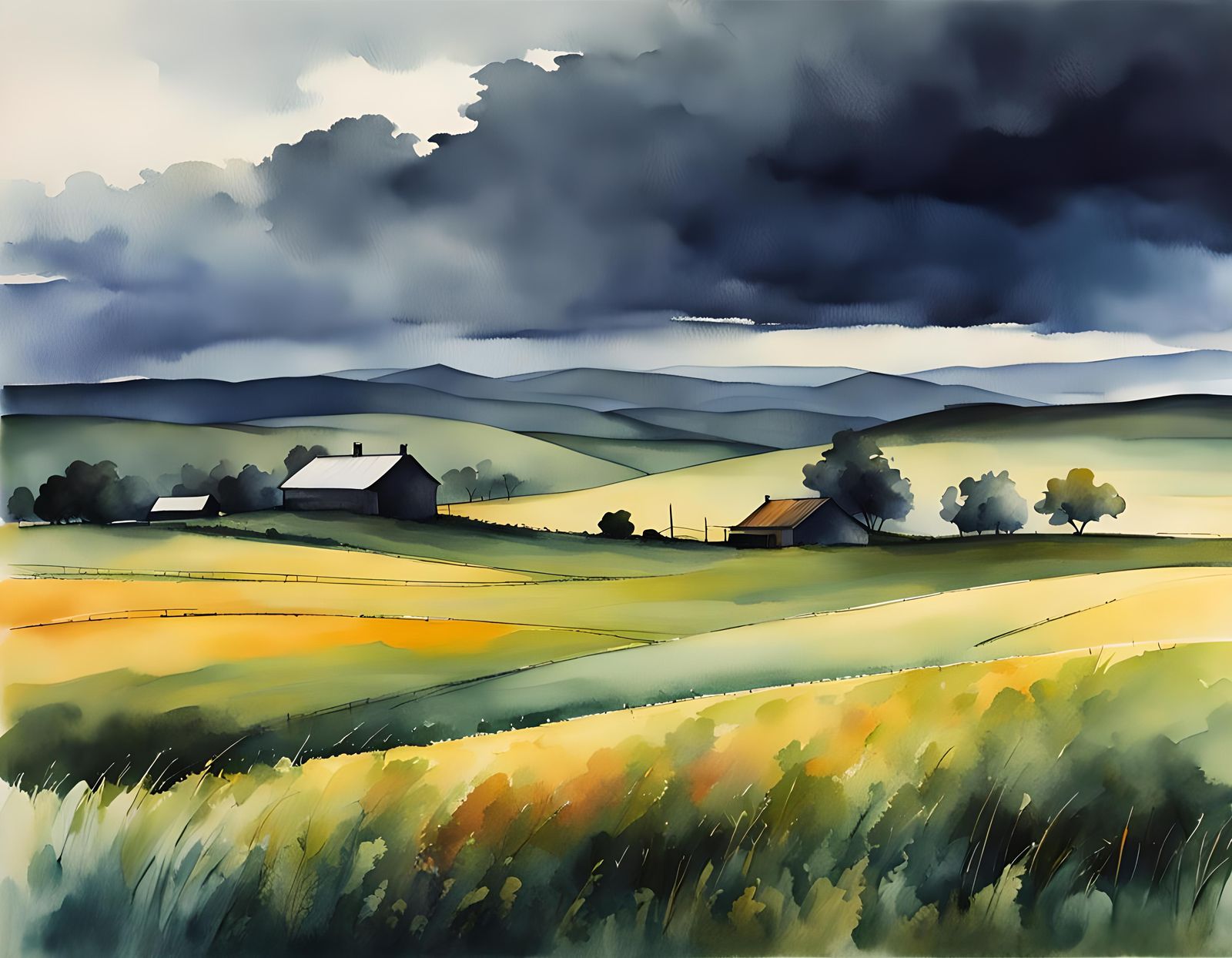 Ominous Twilight Landscape in Watercolor Impressionism