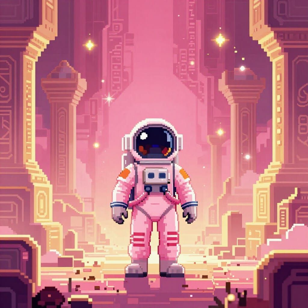 Astronaut Exploring Pink and Gold Ruins in Pixel Art Style