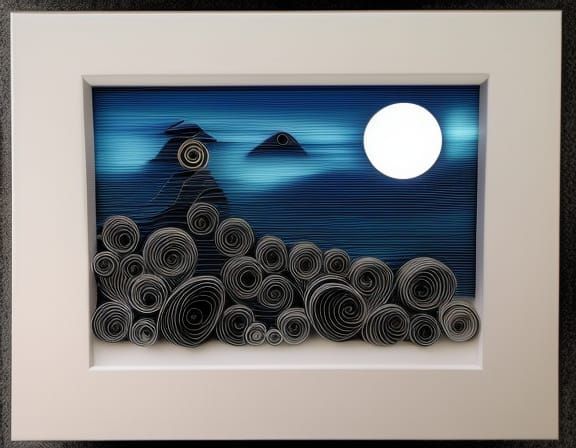 Paper Quilling "Melancholy Moonlight" in the style of 3d landscape portrait, high contrast shading, detailed painting, d...