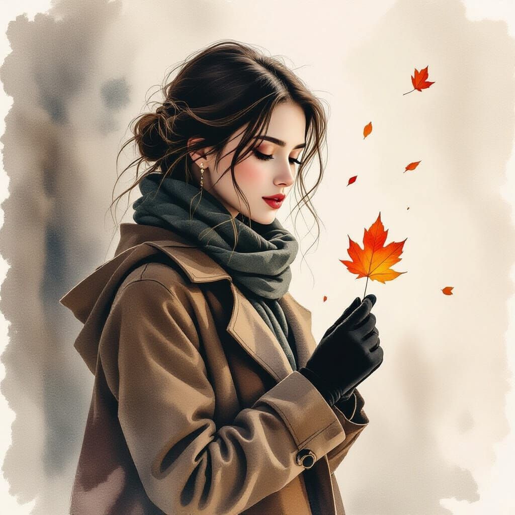 Gothic Autumn Scene: Woman Holds Leaf in Sepia Watercolor