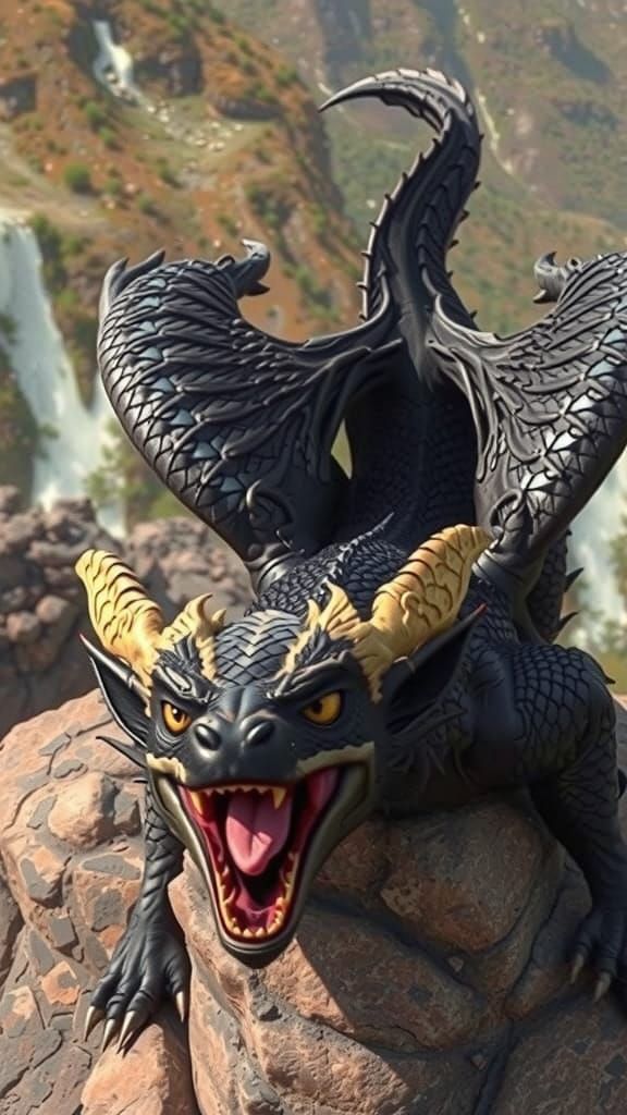 Pomchi Dragon Soaring Above Mountain Landscape