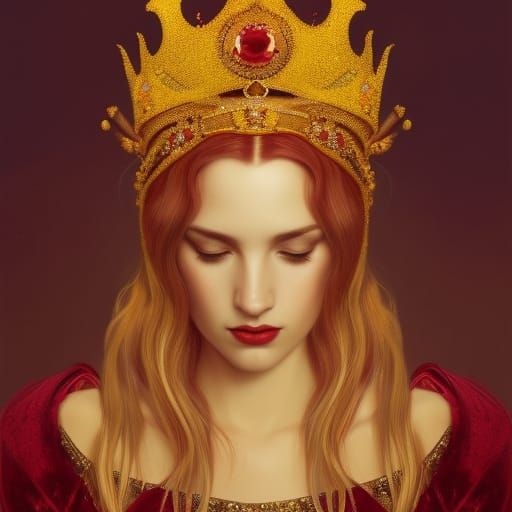 Golden Crown on Red Velvet Pillow, Detailed Portrait