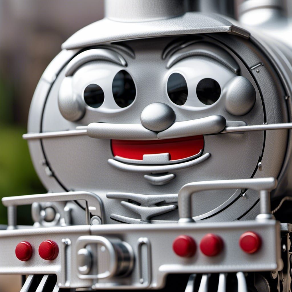 Silver Angry-faced Evil Toy Train Closeup that Resembles "Thomas the Train" from the "Thomas and Friends" TV show
