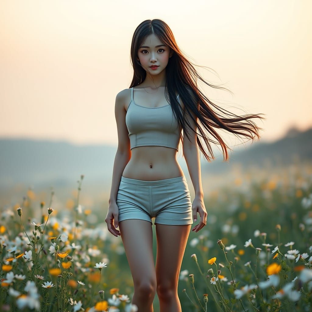 Japanese Woman in Wildflower Field at Dawn