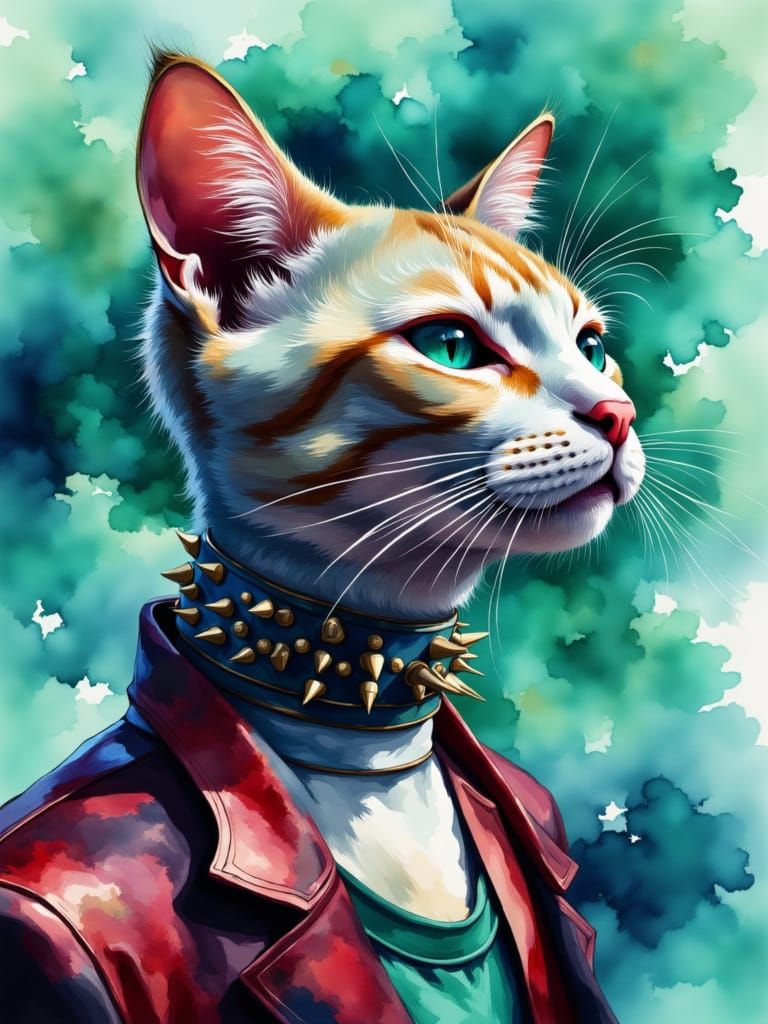 Punk Rock Cat in Cubist Watercolor Style