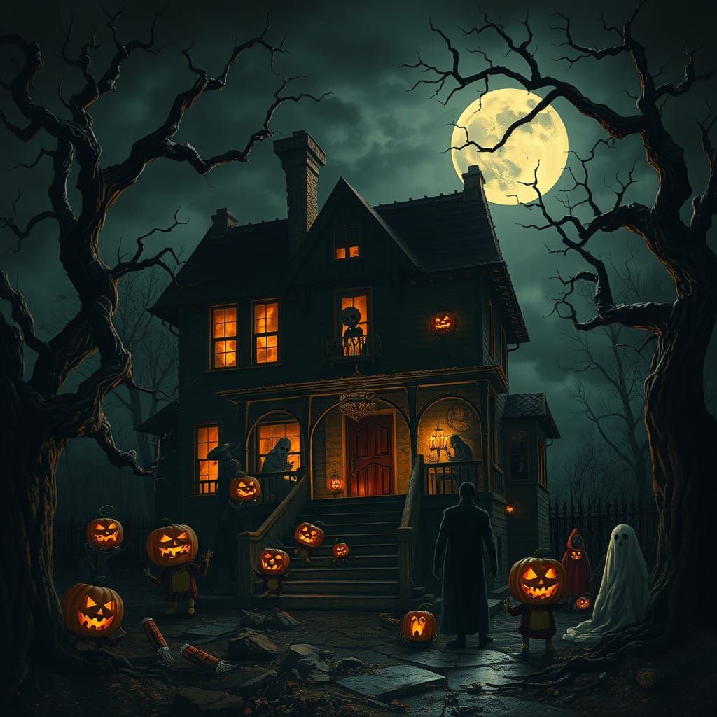 Haunted Halloween Night with Eerie Costumes and Ghostly Cand...