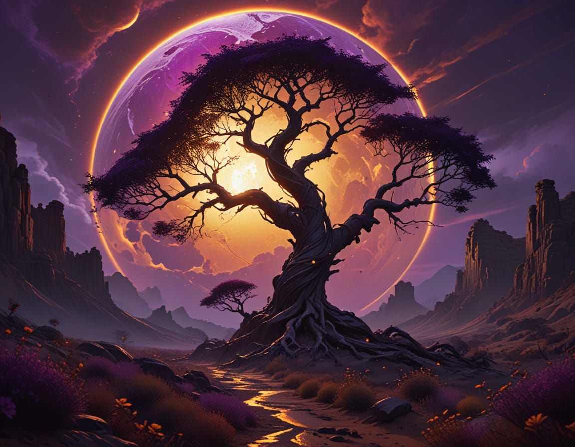 Ethereal Dark Fantasy Tree Under Blood-Red Moon