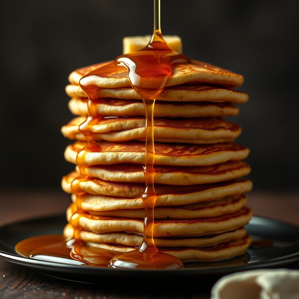Golden Pancakes with Cascading Syrup: Photorealistic Food Ar...