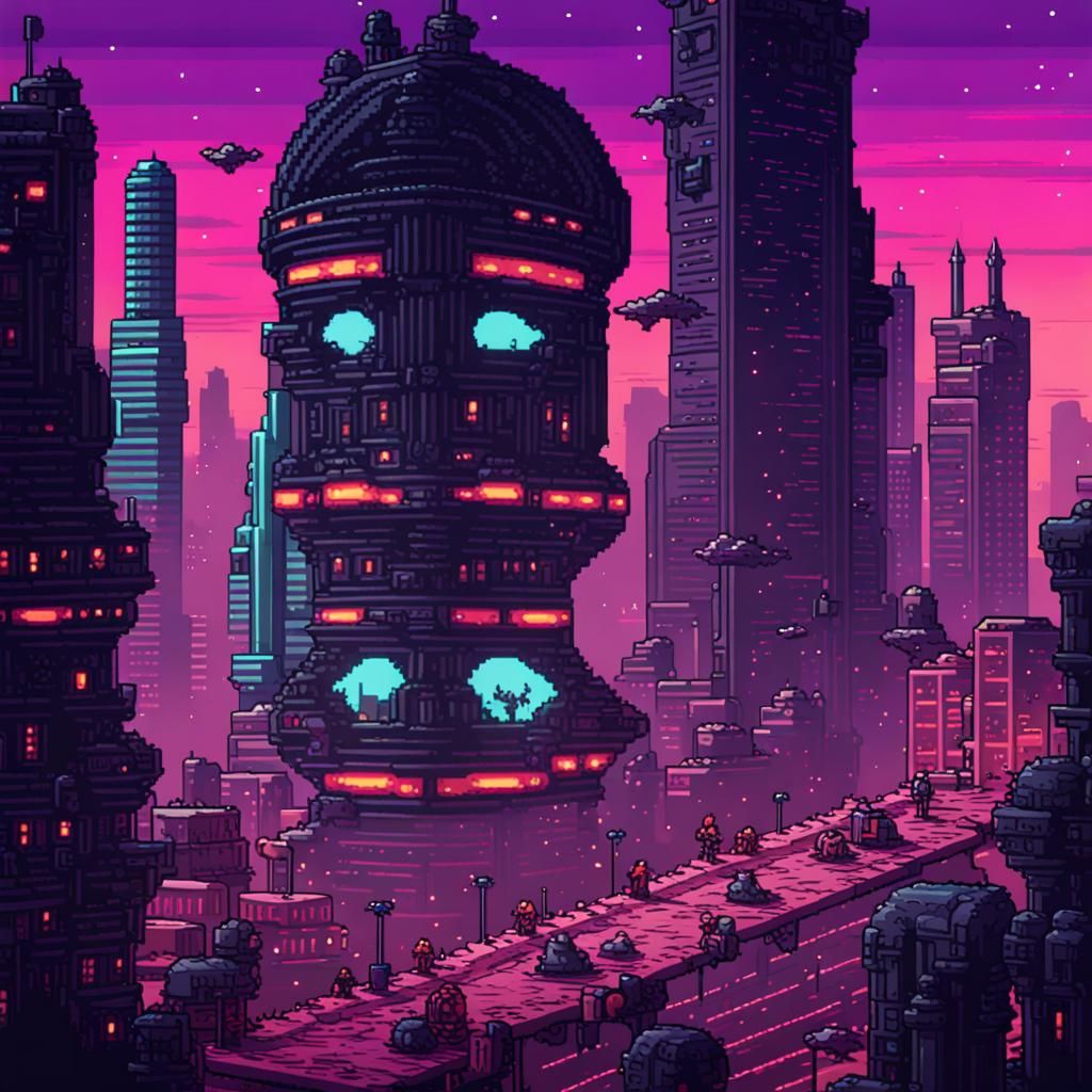 Futuristic Alien City in Pixel Art Style
