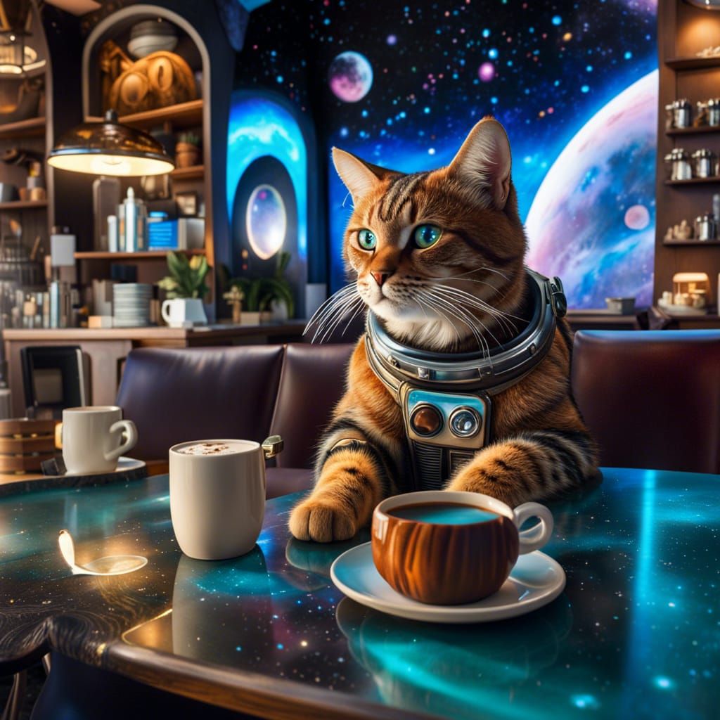 Cats in Spacesuits Drinking Coffee in Space