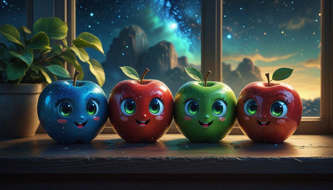 Vibrant Chibi Apples in a Night Sky
