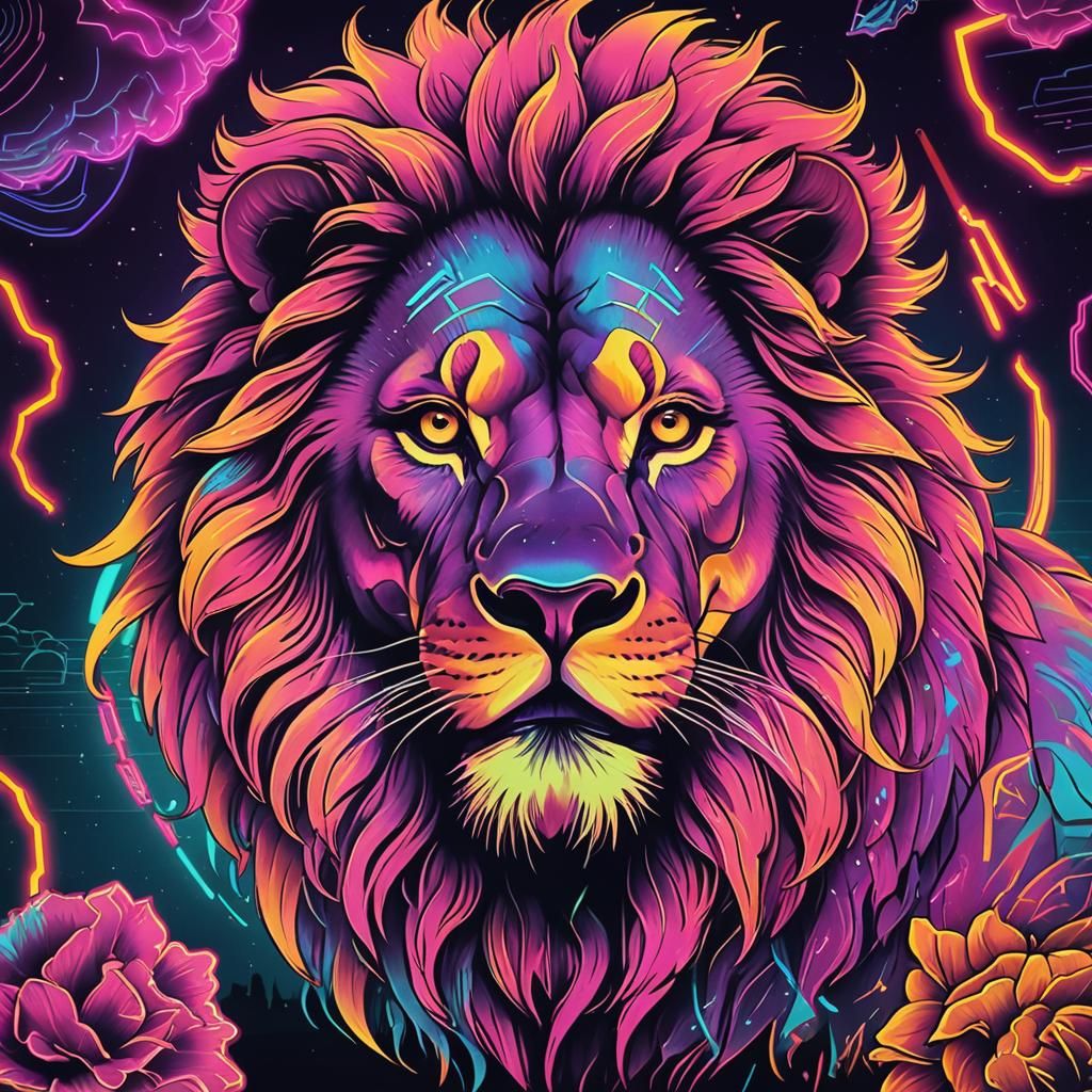 Synthwave Neon Lion Tattoo Design