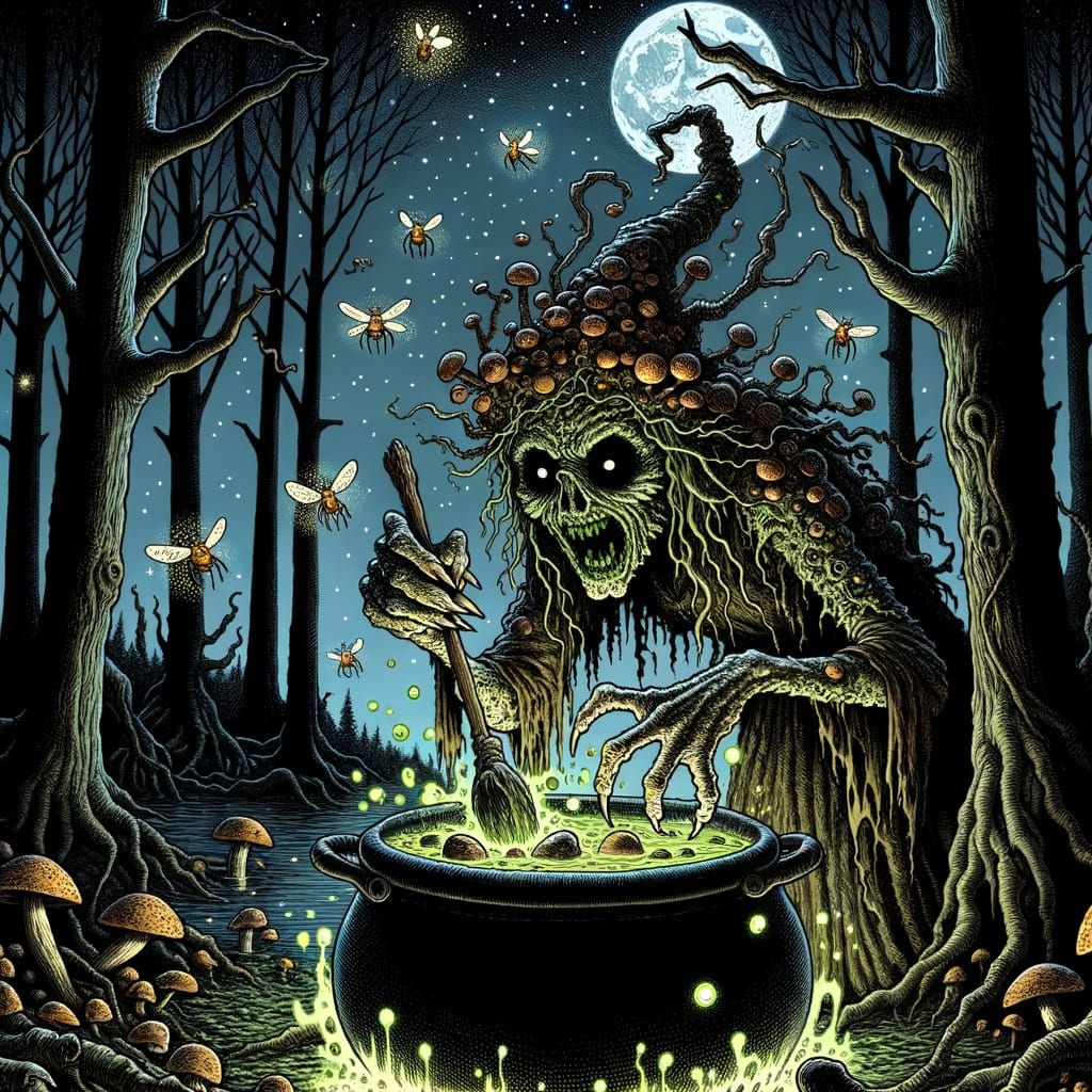 Evil Tree Spirit Stirring Toxic Brew: Dark Fantasy Art