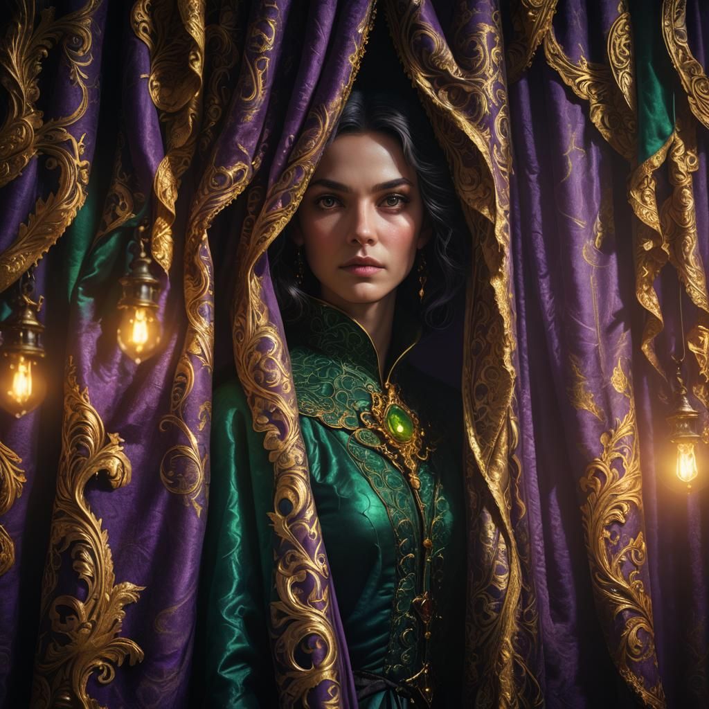 Mysterious Figure Behind Baroque Purple Curtain