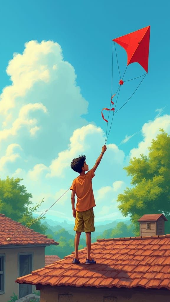 Indian Boy Flying Kite, Folk Art Style
