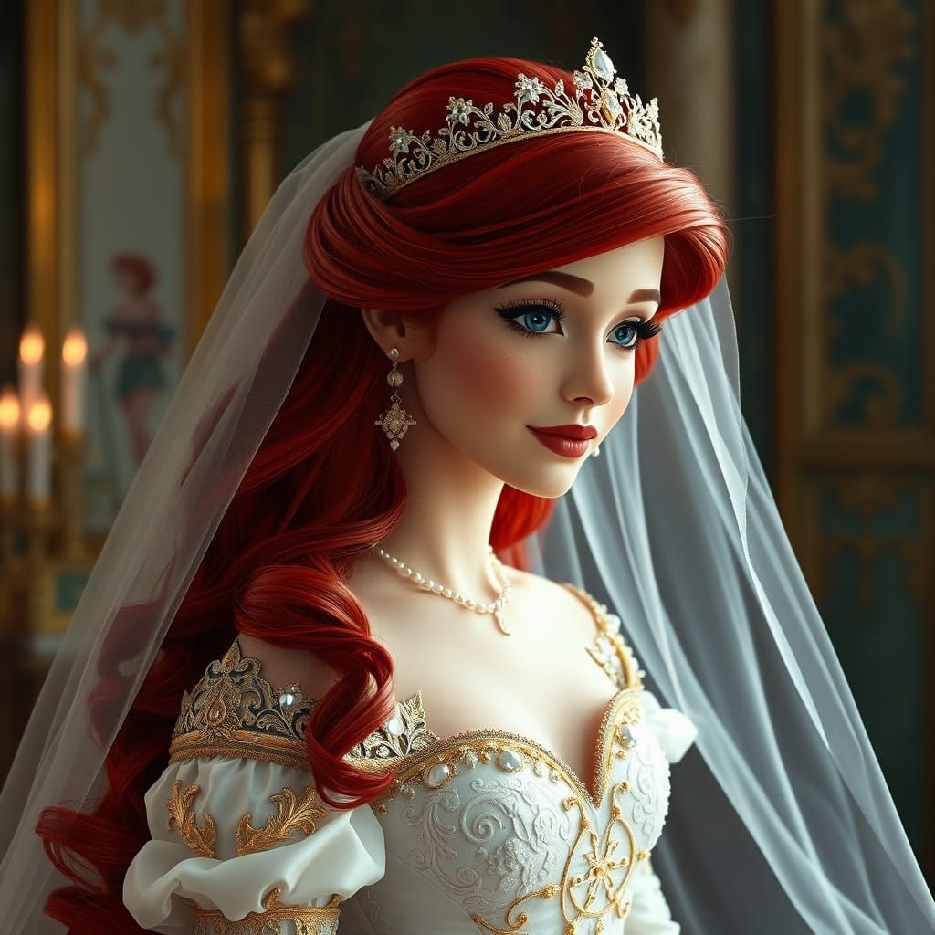 Ariel in Lavish Wedding Dress, Pre-Raphaelite Style