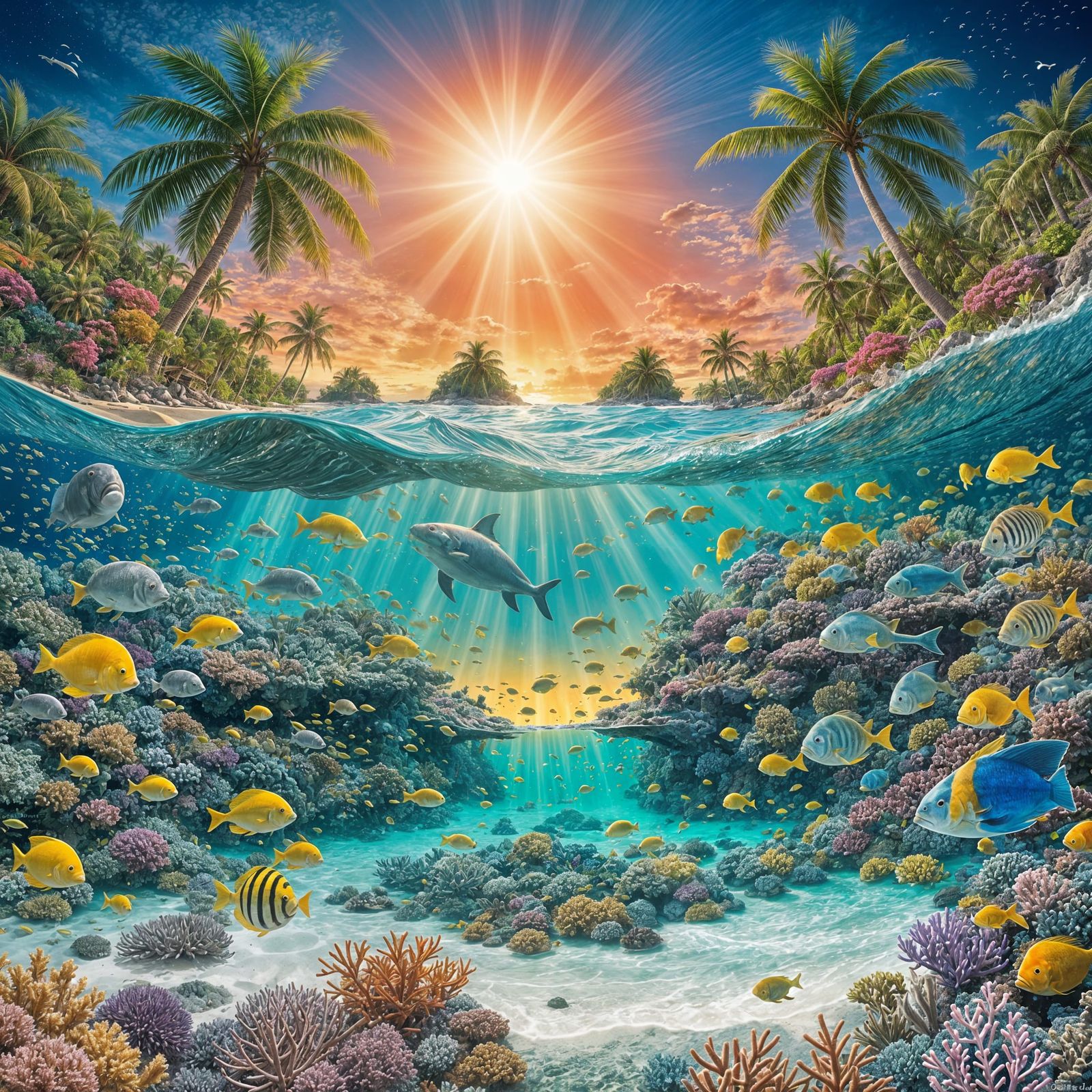 Pastel Paradise: Sunlit Island and Coral Reef