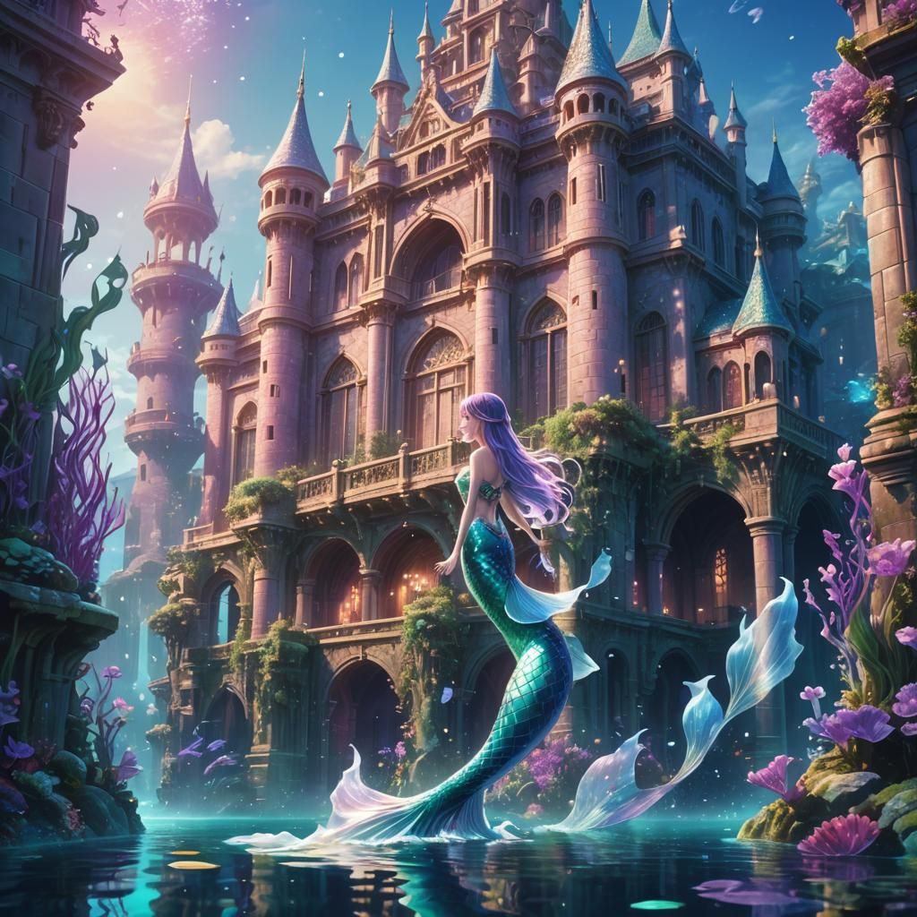 Ethereal Anime Mermaid in Underwater Palace
