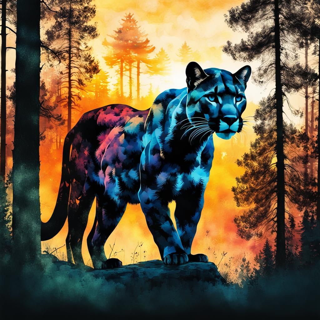 Double Exposure: Cougar and Forest Landscape
