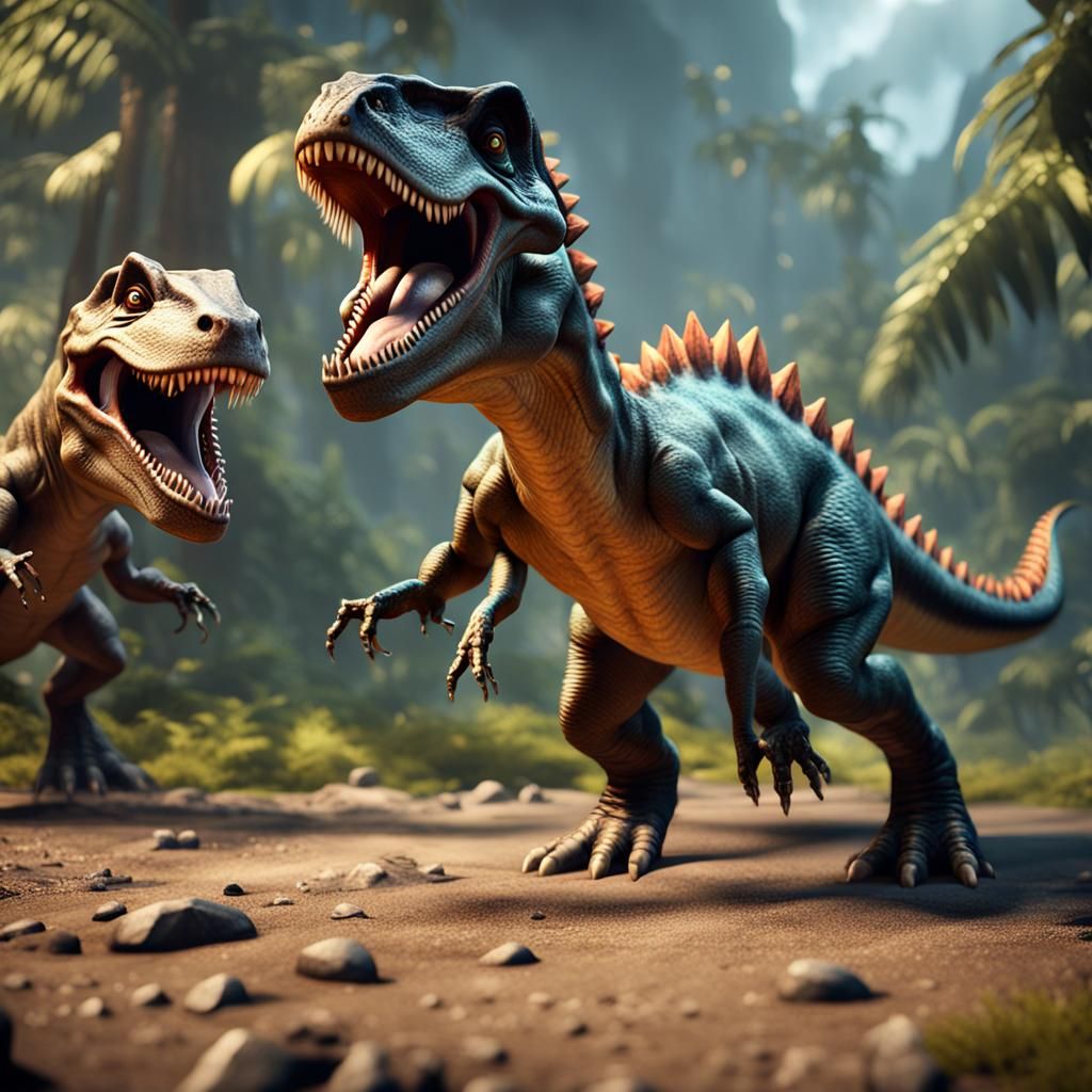 Cute Baby T-Rex Playing with Spinosaurus