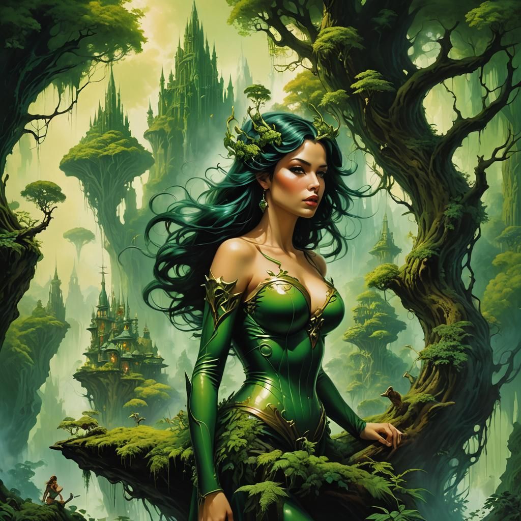 Fantasy Woman in Green Floating Cities, Vallejo Style